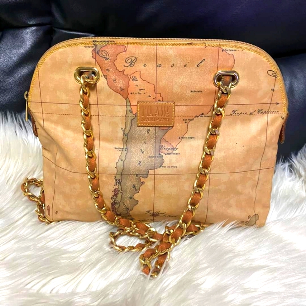 Alviero Martini Tan Map Print Bag with Gold Chain